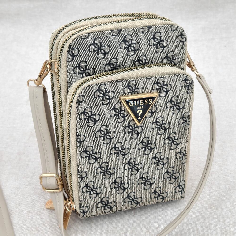 GUESS Vertical Crossbody Smartphone Bag/Wallet Purse 4G Monogram Black Taupe